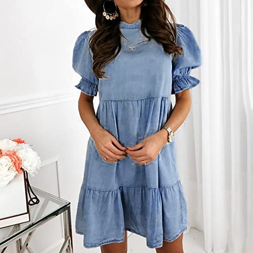 Women Cute Babydoll Denim Dresses Knee Length 2022 Summer Flowy Ruffle Cuff  Tiered Short Sleeve Mini Dress Tee