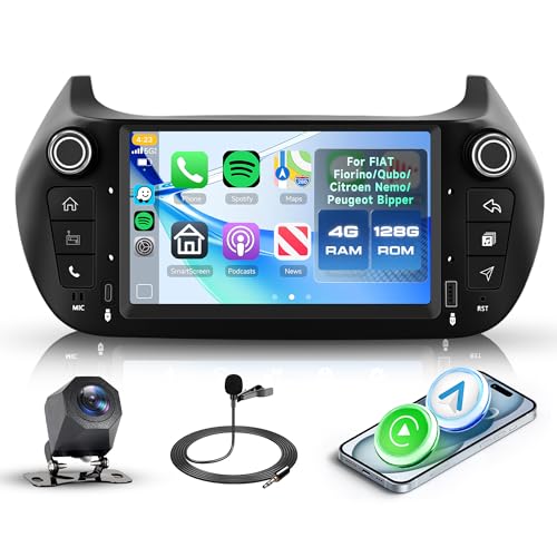 4G+128G Android Car Radio for Fiat Fiorino/Qubo/Citroen Nemo/Peugeot Bipper, 7 Inches IPS Screen Carplay Android Wireless Car GPS Navigation WiFi/FM/RDS/EQ BT Mirror Link Steering Wheel Control Rear Camera