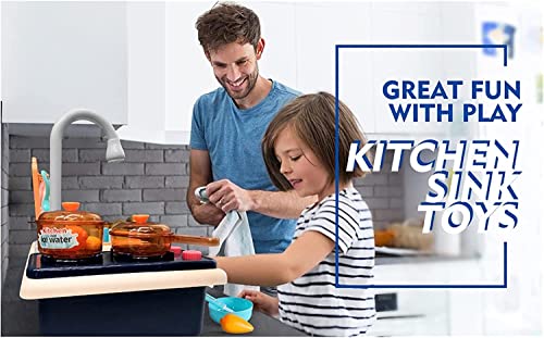 Beauenty Kitchen Sink Toys Water Playset Cooking Stove Play with Running Water House Wash Up Kitchen Sets with Realistic Light Play Dishes Accessories for Girls Boys Kids 3-7 Years Old (Blue)