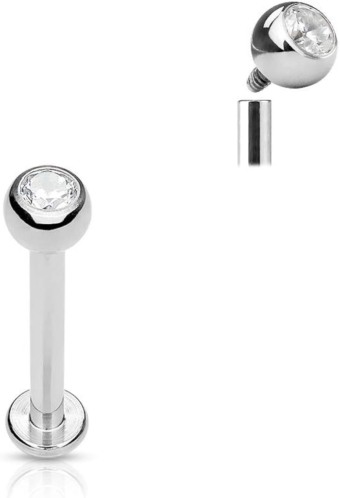 PiercedOff Titanium Labret with Internally Threaded Clear CZ Gem Ball - Thickness 14GA (1.6mm) / Length 8mm / Ball Size 3mm