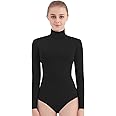 SUPRNOWA Turtleneck Leotard Long Sleeves Spandex Dance Workout Fitness Bodysuit for Women