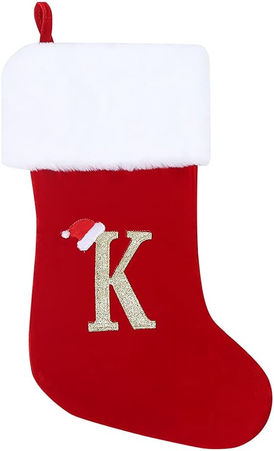 Stockings & Holders - CRSMHLPK 20 Inches Initial Christmas Stocking Monogram Embroidered Christmas Stocking Red Gray Velvet with White Super Soft Plush Cuffs Christmas Decorations Stocking C08-K-Red