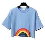 Idgreatim Teen Cute Rainbow Print Crop Top Casual Short Sleeve Tee Shirt