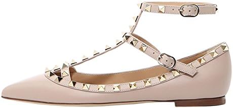 VOCOSI Women's Ankle Strap Studded Pointed Toe Pumps Rivets T-Strap Flat Pumps Dress