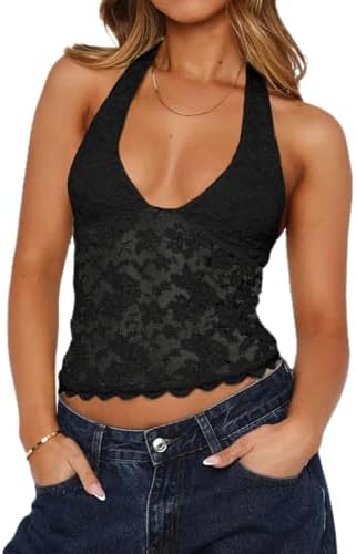 Women Sexy Low Plunge Lace Halter Top Sleeveless Backless Sheer