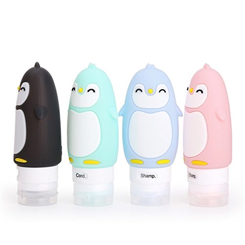 4 Pack-FNSHIP Lovely penguin Shape Portable Food Grade Squeeze Silicone Liquid Travel Bottles TSA Approved For Shampoo, Conditioner, Lotion, Toiletries (3OZ,penguin)