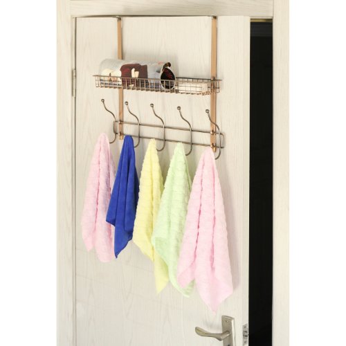 Adjustable Width Over the Door Bronze Metal Clothing Rack / 10 Dual Coat Hanger Hooks w/ Storage
