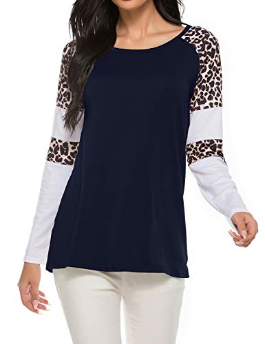 Womens Long Sleeve Tunics for Leggings Fashion Color Block Raglan Shirt Navy Blue M