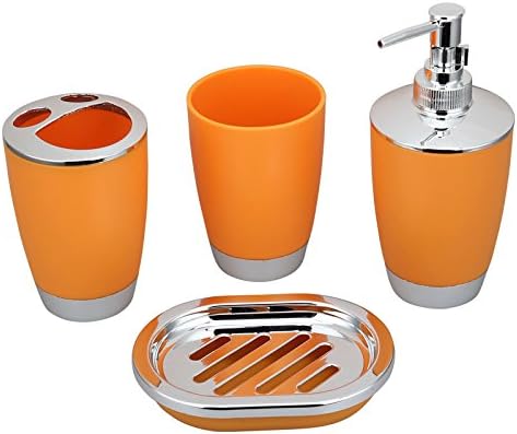 Bluelasers Bath Countertop Accessory Set, Soap Dispenser Pump, Toothbrush Holder, Tumbler, Wastebasket Trash Can - 4 Pieces (Orange)
