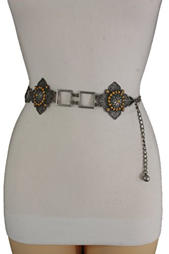 TFJ Women Ethnic Belt Hip Waist Vintage Antique Silver Metal Flower Charms S M L