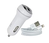 Apple iPhone Car Charger by wiAmp for iPhone 6, iPhone 6 Plus, 6Plus, 6S, 6S Plus, 5, 5S, 5C, SE - 2.1 Amp - Dual USB Compact - White Cable & Charger (Gray)