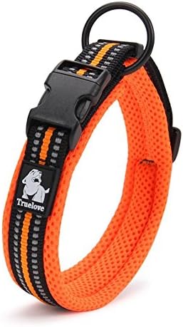 PENTAQ Breathable Strong Nylon Mesh Dog Collar With Night Safety Reflective Stripe, Comfortable Adjustable Padded Collar For Small/Medium/Large Dog, Orange (S (35-40cm))