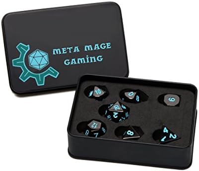 Metal Dice Set 7 PCS Black Polyhedral RPG W/ Electric Blue Lettering by Meta Mage Gaming