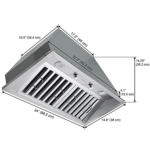 Ancona AN1330 Pro 34" 600 CFM Ducted Builtin Range Hood in Stainless