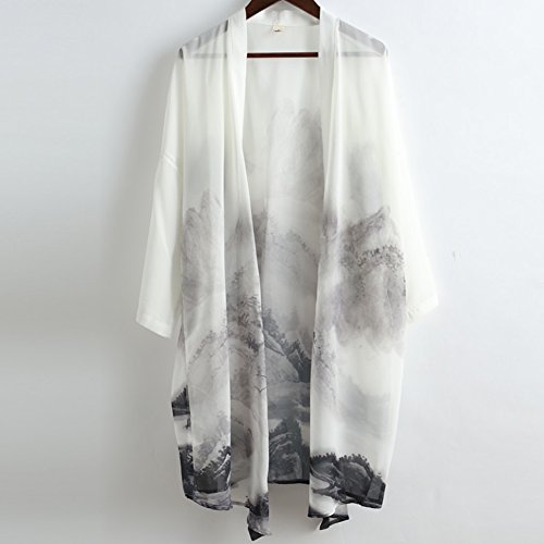 LZJN Men's Lightweight Open Front Cardigans Vintage Chinese Style Chiffon Print Cape Kimono (One Size) - Thumbnail 6