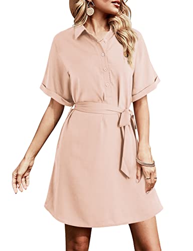AMORETU LADIES V NECK DRESS FOR HOLIDAY TIE WAIST SHORT SUNDRESS, PINK XL