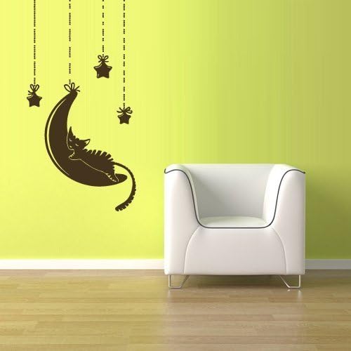 Wall Vinyl Sticker Decals Decor Art Bedroom Kids Nursery Crescent Dream Stars Moon Cat Kitten Magic (Z2761)