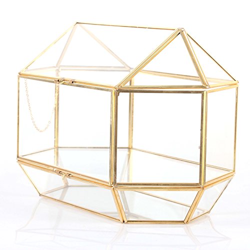 NCYP 12.8 x 6.9 x 9inches Gold Geometric Glass Wedding Card Box, Large Handmade Double-sided Opening Box with Swing Lid for Display Keepsake Reception Envelope, Glass Box Only - Thumbnail 7
