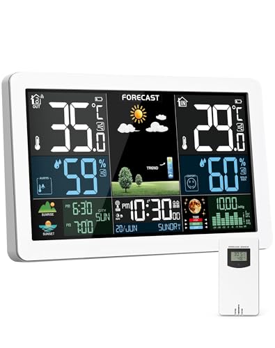 Indoor and Outdoor Weather Station with Color Display, Weather Forecast, Temperature, Humidity, LCD Alarm Clock with Repeat Function and Air Pressure