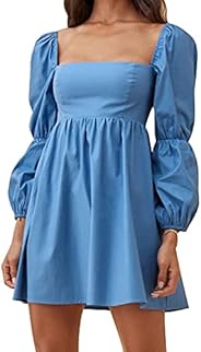 EXLURA Womens Square Neck Dress Long Puff Sleeve A-Line Casual Short Mini Dress