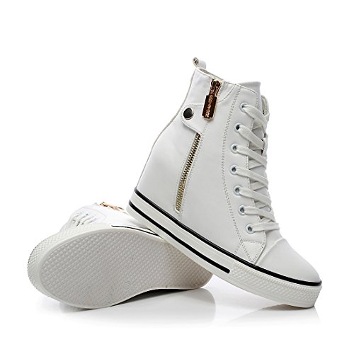 mewow Womens Casual High Top Wedge Hidden Heel Leather Shoes Fashion Sport Sneaker (7.5, White) - Thumbnail 7