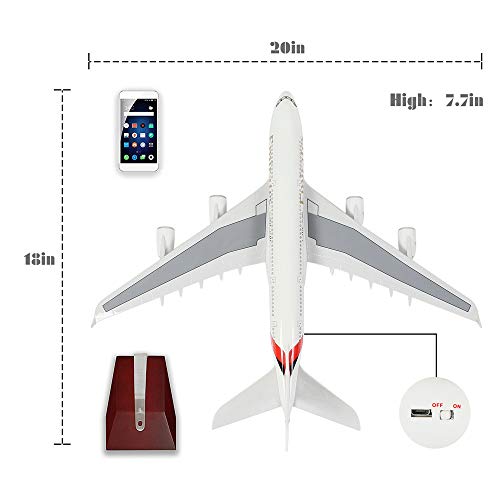 24-Hours 18"1:160 Scale Assembled Airplane Model Kits for Adults Emirates A380 with LED Light(Touch or Sound Control) Diecast Plane for Decoration or Gift