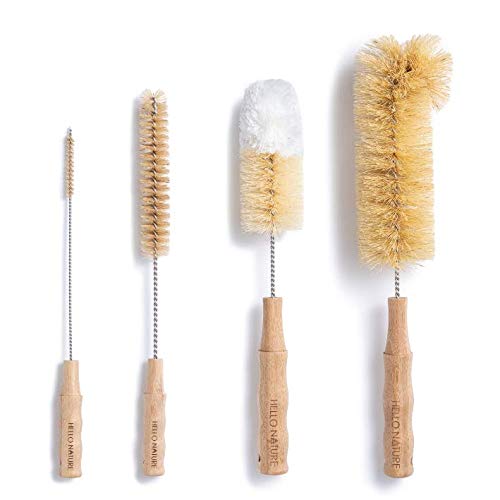 Photo 1 of 4Pcs Long Handle Bottle Cleaning Brush Set by HELLO NATURE, Sustainable & Biodegradable Natural Fibre Bamboo Handle Brushes Zero-Waste & Plastic Free