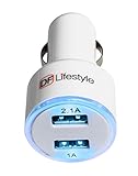 Dual USB Car Charger by DFLIfestyle, Portable with Blue Led Light for Safe Travel, for Apple iPhone, iPad, Android and more