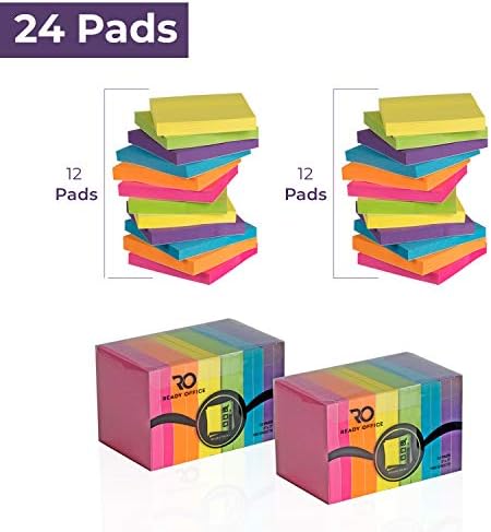 Ready Office Color Sticky Notes (24-Pads) 100 Sheets Each | Small 3x3 Squares with Self-Stick Adhesive Backing | Home, Classroom, Office | Personal Message & Appointment Organizers (24)
