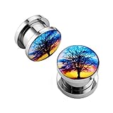 BodyJ4You Sunset Tree Branching Out Screw Fit Plugs Stainless Steel Double Flare Plugs 2G-00G
