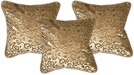 NEHA HANDICRAFTS Silk 3 Piece Decorative Handmade Kaju Design Embossed with Golden Silver Zari Work on Velvet Sofa Cushion Covers - 12" x 12", Khakhi Brown