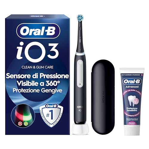 Oral-B iO 3 Spazzolino Elettrico, 1 Testina di Ricambio, Custodia, Nero - 1 Testine di Ricambio per Spazzolino Elettrico, Ricaricabile, Custodia Viaggio + 1 Dentifricio Advanced Protezione Sensibilità