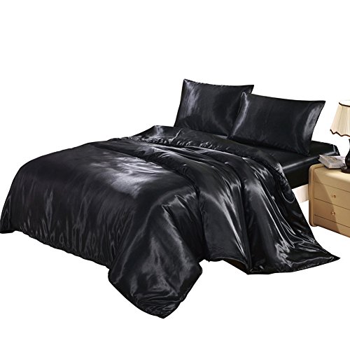 FP 4pcs Silk Sheet Set Queen King Size Satin Solid Color Bedding Set with Deep Pocket Fitted Sheet Silk Pillowcase for Hair and Skin (King-Black) FP 4pcs Silk Sheet Set Queen King Size Satin Solid Color Bedding Set with Deep Pocket Fitted Sheet Silk Pillowcase for Hair and Skin (King-Black)