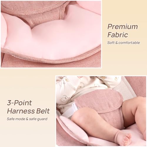 RIVIPLOU Electric Baby Swing with Remote Control - 5 Natural Motion Speeds, Detachable Seat Pad, Bluetooth Technology & Music, Portable Infant Swing for Indoor/Outdoor Use (0-12M, 20lbs, Pink)