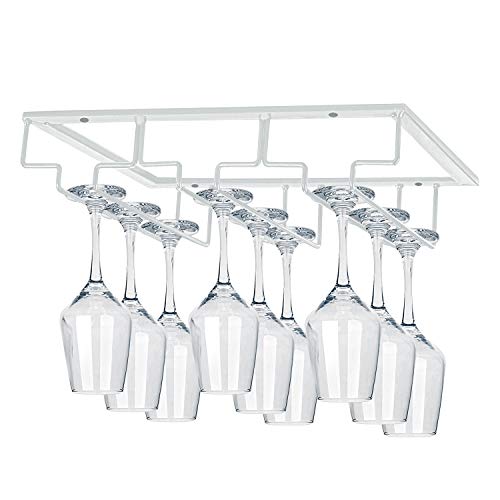 MOCOUM Wine Glasses Rack Under Cabinet Stemware Rack, Wine Glass Hanger Rack Wire Wine Glass Holder Storage Hanger for Cabinet Kitchen Bar (White, 3 Rows 2 Pack)