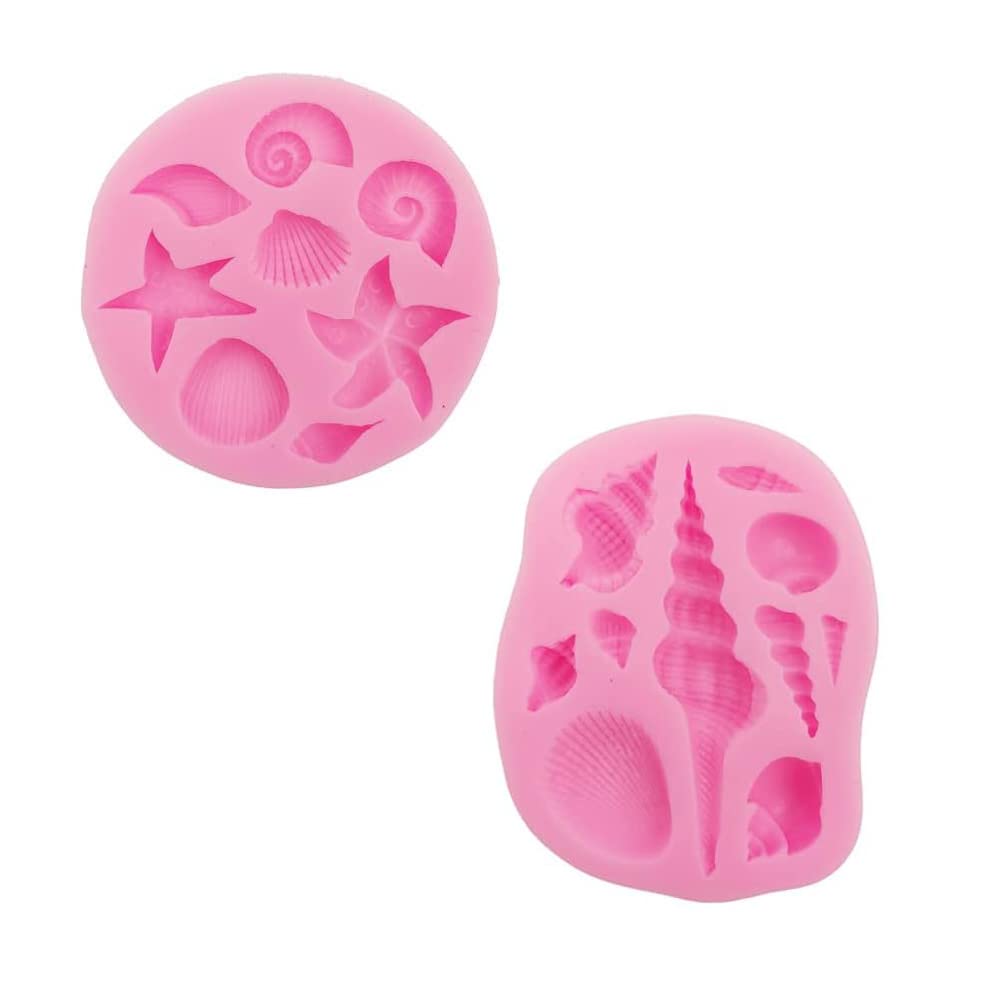 2 Pcs Marine Themed Baking Silicone Molds Shell Conch Starfish Fondant Cake Moulds Reusable Sweet Baking Molds Tools for DIY Cake Decorating Chocolate Candy Soap