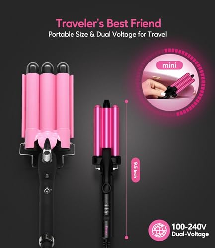 Mini Hair Crimper 3 Temperature Adjustable, 3 Barrel Curling Iron for Short Hair, Hair Waver for Women Beach Waves, 1/2 Inch Travel Size, Dual Voltage, Pouch Bag
