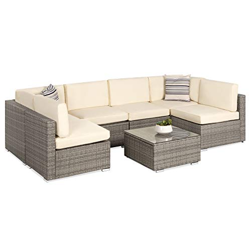 Best Choice Products 7 Piece Modular Outdoor Sectional Wicker Patio Furniture Conversation Set W 6 Chairs 2 Pillows Seat Clips Coffee Table Cover Included Gray Cream Pricepulse