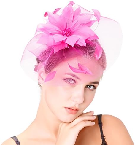 Feather Flower Fascinator Wedding Hair Clip Headpiece Cocktail Party Headwear (Rose)