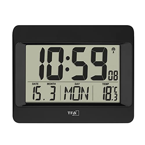 TFA Dostmann Digital Wall Clock, 60.4519.01, Radio-Controlled Clock with Indoor Temperature, Day of the Week (8 Languages), Date, Time Zone Setting, Black, Plastic, (L) 215 x (W) 160 x (H) 26 (68) mm