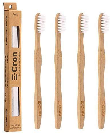 4 x E-Cron Bamboo Toothbrush (White) with Eco-friendly, 100% organic and biodegradable toothbrush with curved handle. Your Natural Dental Care with The clean and warm touch of The bamboo.