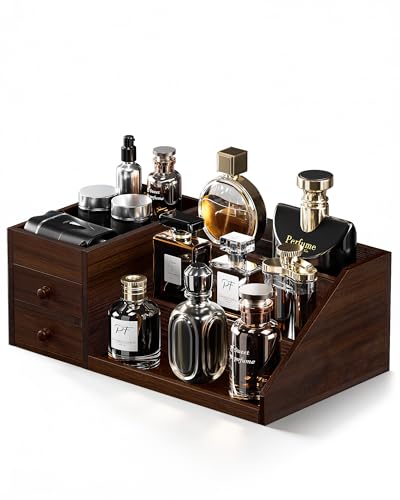ProCase Wooden Cologne Organizer for Men, 3-Tier Elevated Wood Perfume Storage Display Shelf with Drawers, Dresser Storage Stand Riser for Fragrance Skin Care, Gift for Boys Men Dad Husband (Brown)