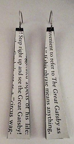 Repurposed Bike Tube and Great Gatsby Book Page Jewelry; 3" Long Cut Earrings With Hypoallergenic Sterling Silver Wires.