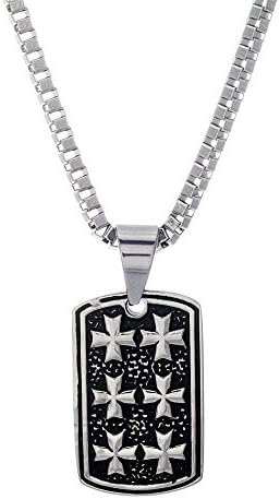 Stainless Steel Oxidized Maltese Cross Dog Tag Pendant Box Chain 24" Necklace