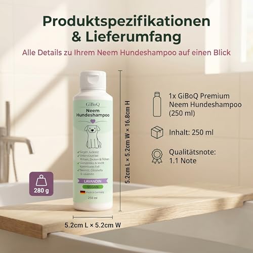 Premium Neem Dog Shampoo for Dogs 250 ml - With Neem Oil & Lavandin Oil - Supports Itching, Mites, Fleas & Ticks - Skin-friendly, Nourishing & Easy to Comb - For Natural Grooming