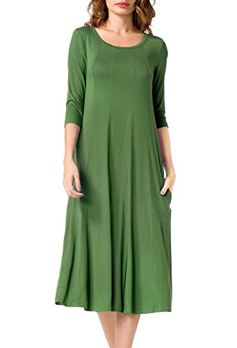 Jouica Women's 3/4 Sleeve A-line Splice Casual Midi Long Dress (Army Green XL)