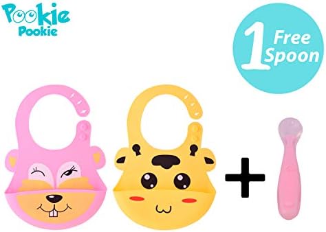 Pookie Pookie’s Silicone Waterproof Baby Bibs with Food Catching Pocket + Baby Spoon | Silicone Bib for Feeding Infants & Toddlers (6M to 5 Yrs) – Unisex | (Pink & Yellow)