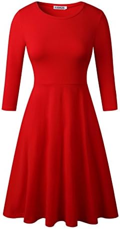 HIKA Women's Casual 3/4 Sleeve Round Neck A Line Flared Midi Dress