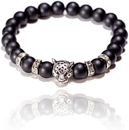 Bijoux Supply Premium 8mm Leopard Charm Black Lava Beaded Stretch Bracelet with Rhinestone (Matte Black Agate)