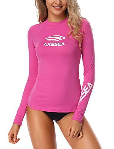 AXESEA Women Rash Guard Long Sleeve Active Top UPF 50+ Rashguard Swim Shirt Surf Swimwear Rose Red